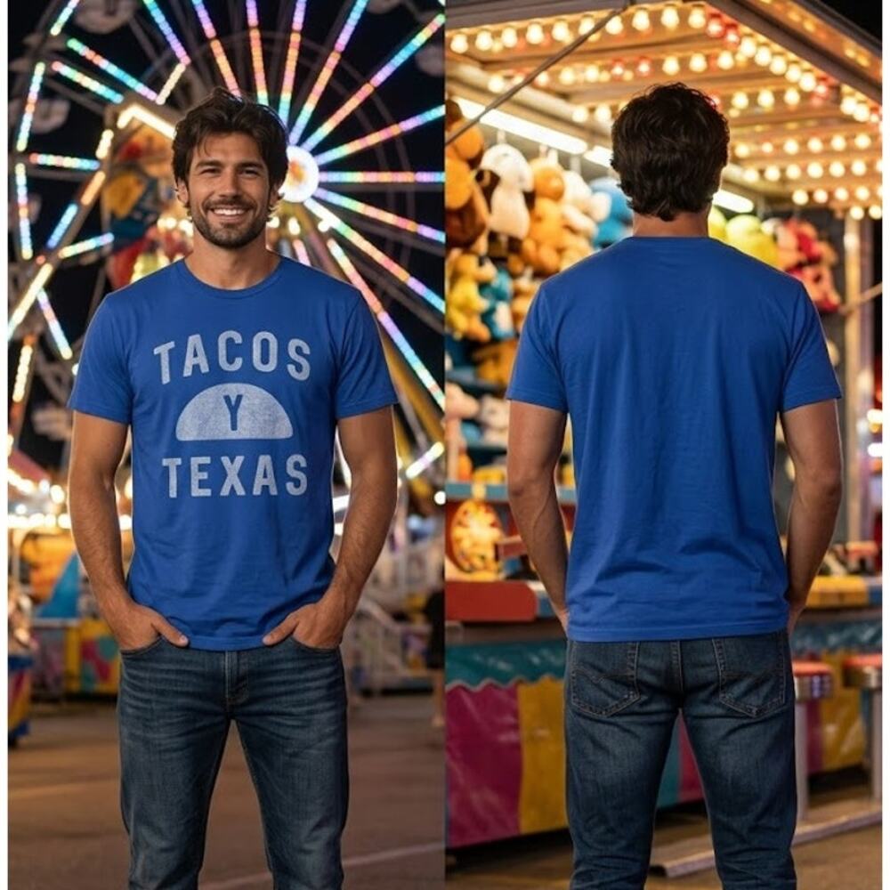 Tacos Y Texas Shirt Men’s XL 44 Chest Blue Graphic Short Sleeve Tee